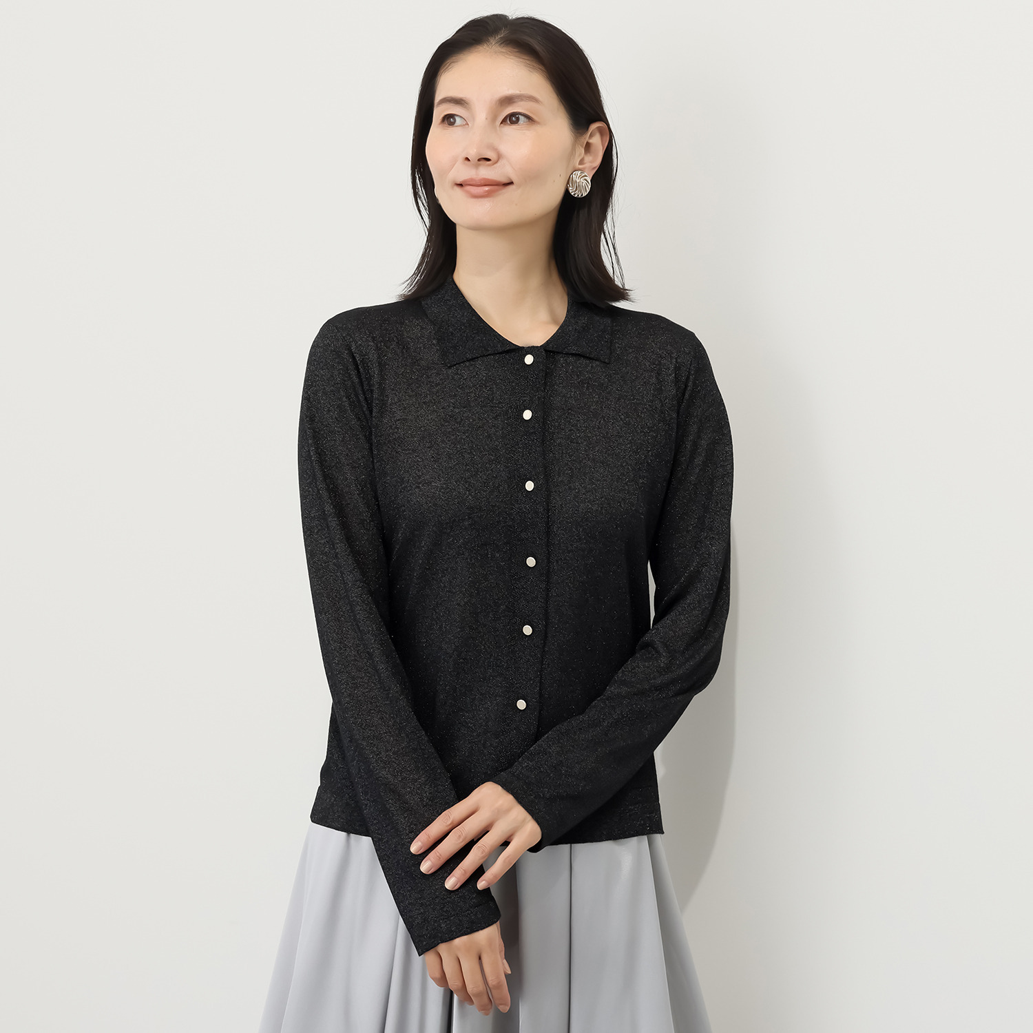 センスローブ 襟付き ラメニットカーディガン