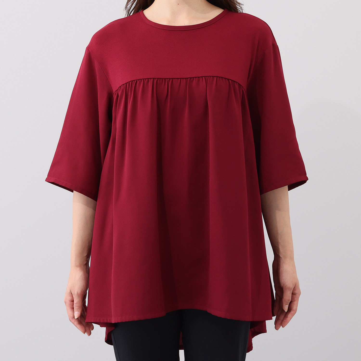 シルバーミントシュガー カットソーとジョーゼット ２素材使いゆったり五分袖 後ろティアードの風抜ける チュニックブラウス