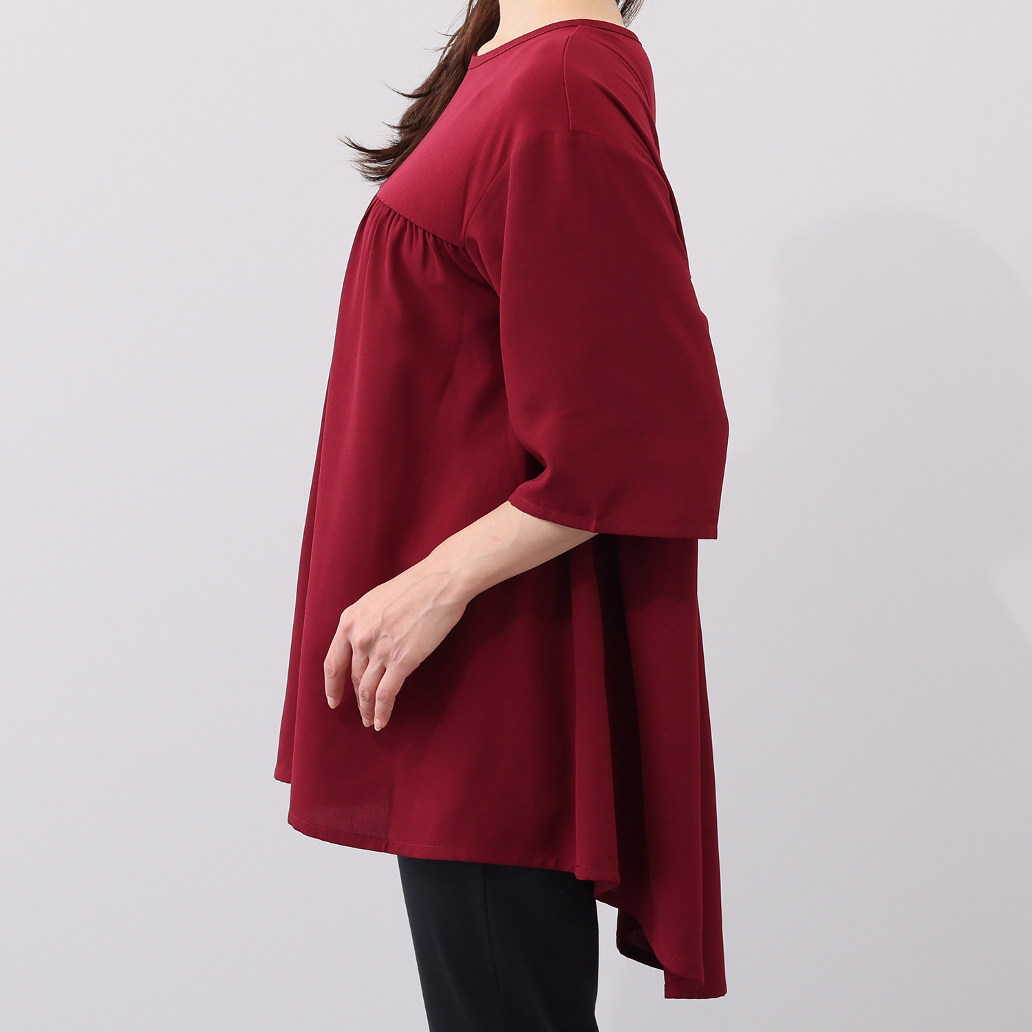 シルバーミントシュガー カットソーとジョーゼット ２素材使いゆったり五分袖 後ろティアードの風抜ける チュニックブラウス