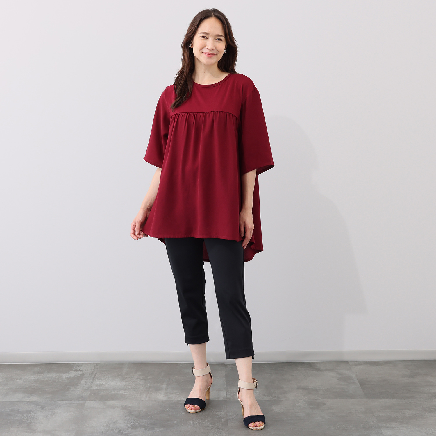 シルバーミントシュガー カットソーとジョーゼット ２素材使いゆったり五分袖 後ろティアードの風抜ける チュニックブラウス