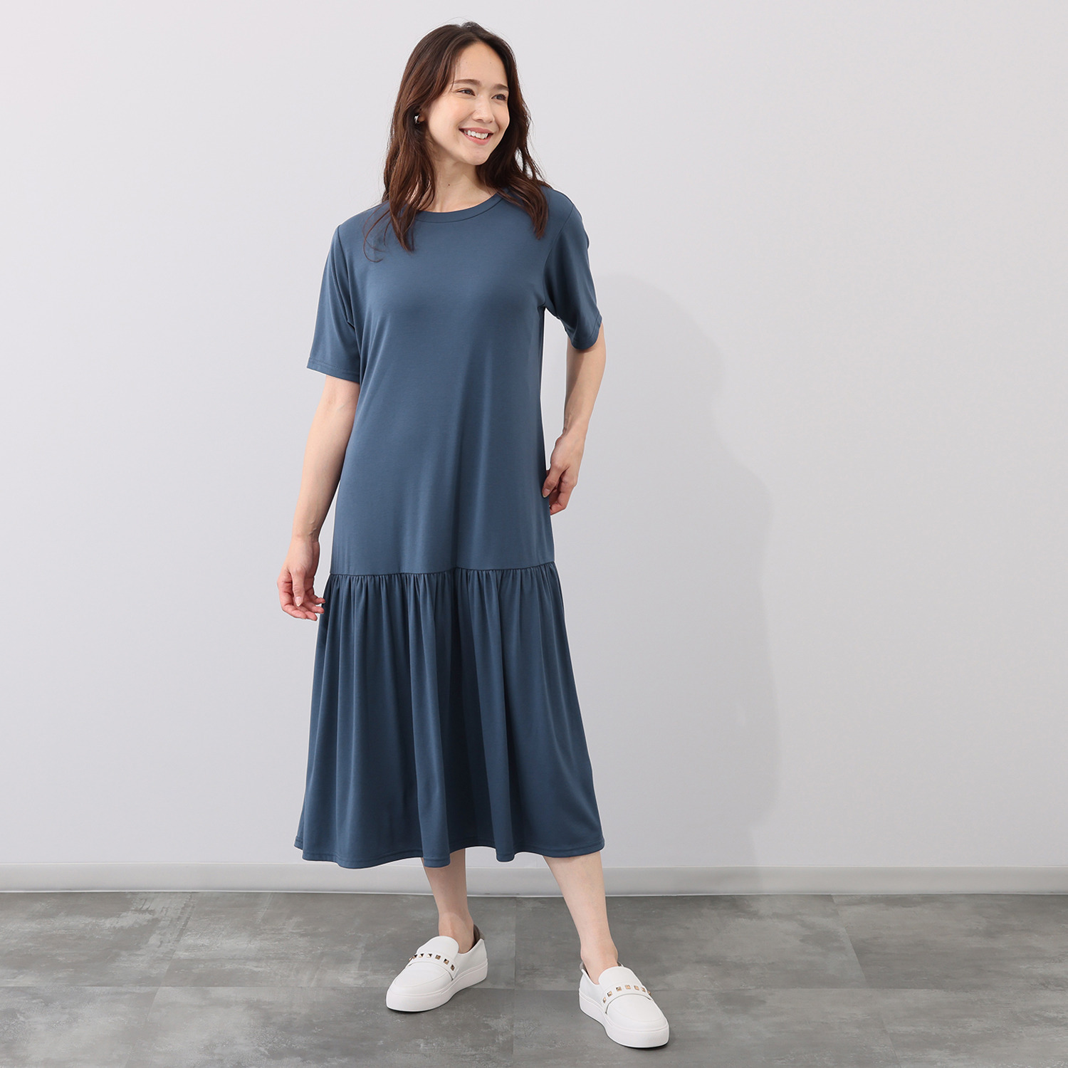 シルバーミントシュガー 柔らかカットソー 裾たっぷりティアード 半袖ワンピース