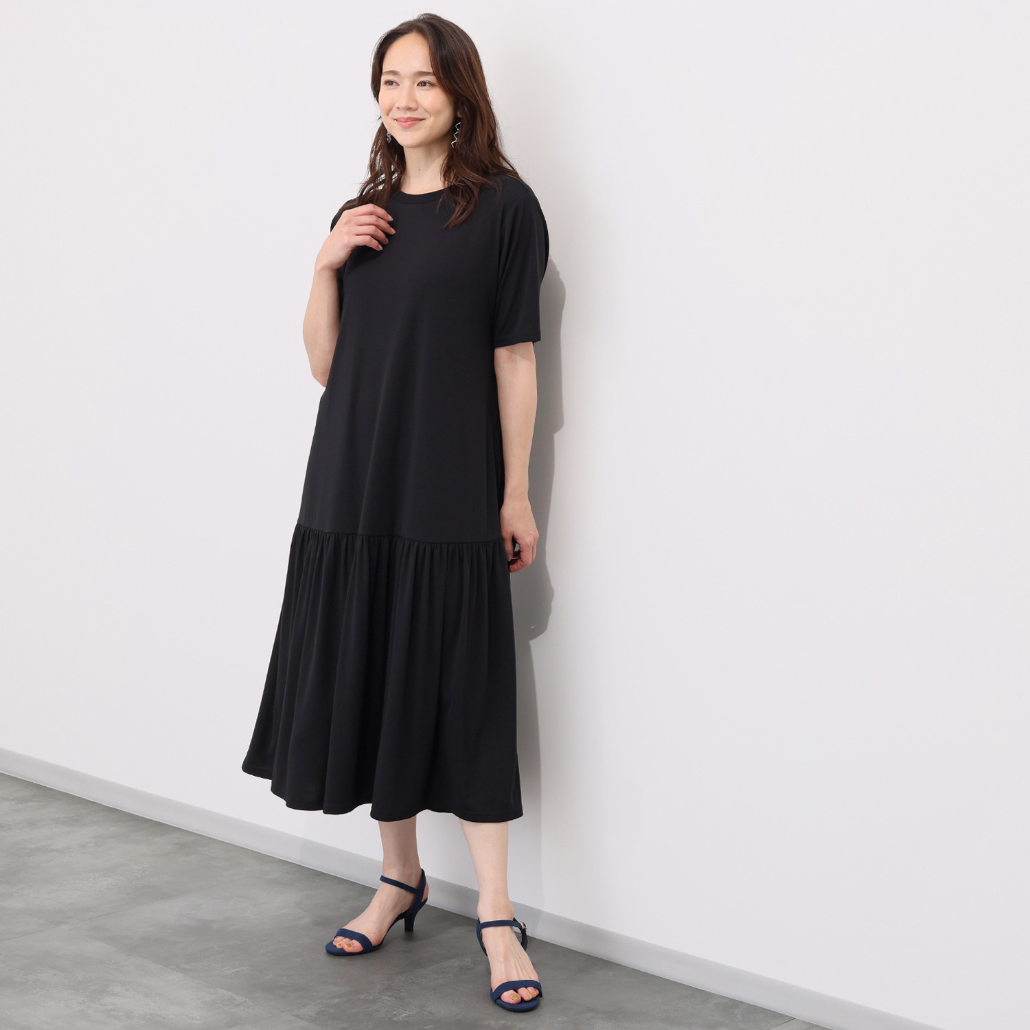 シルバーミントシュガー 柔らかカットソー 裾たっぷりティアード 半袖ワンピース