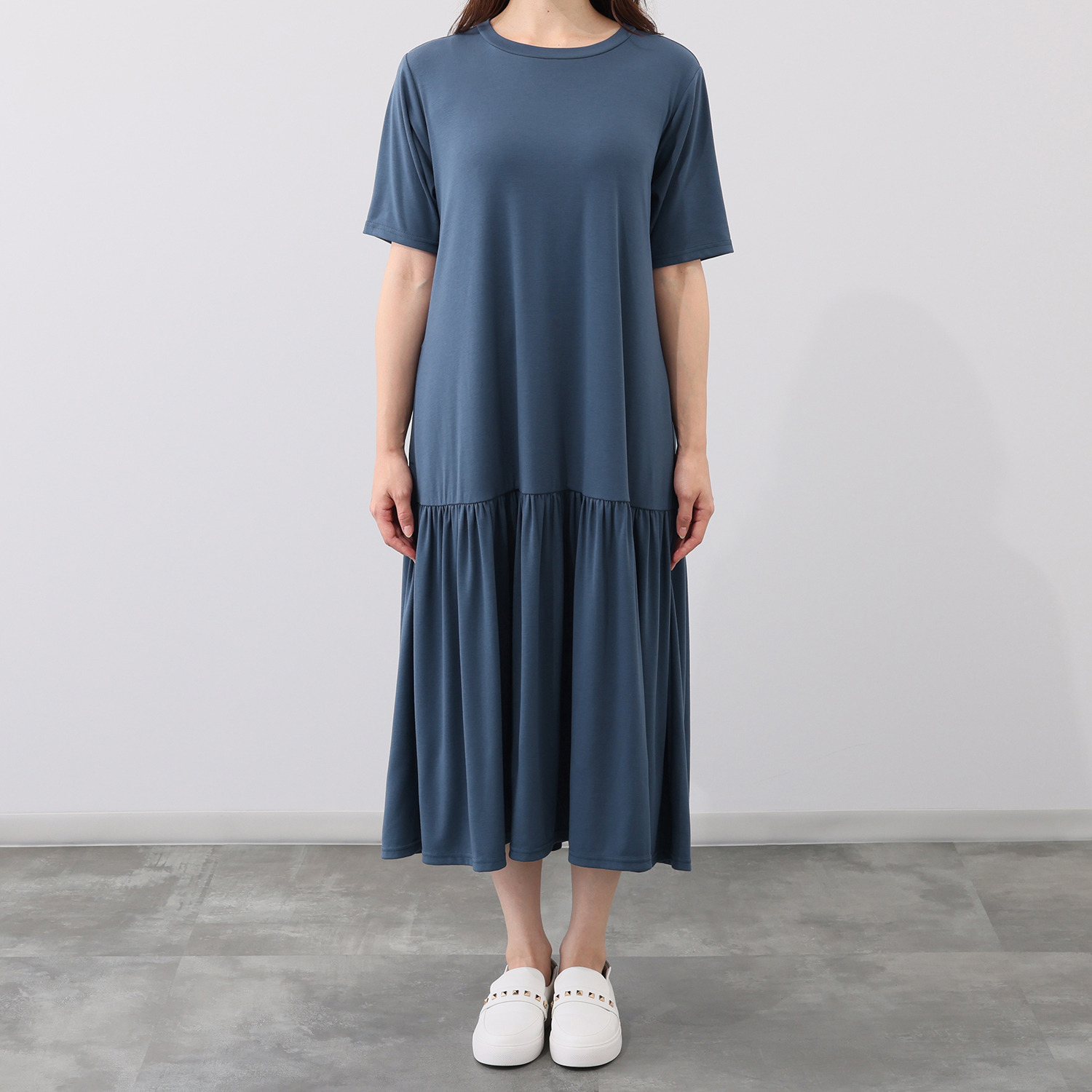 シルバーミントシュガー 柔らかカットソー 裾たっぷりティアード 半袖ワンピース