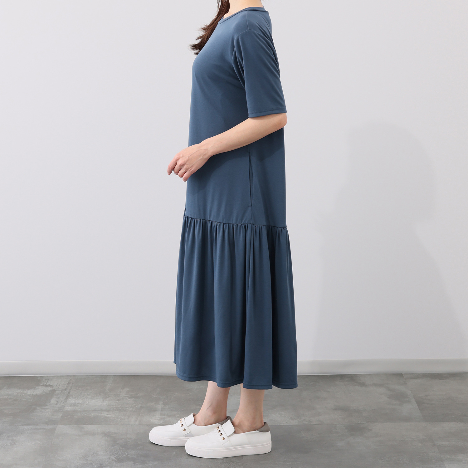 シルバーミントシュガー 柔らかカットソー 裾たっぷりティアード 半袖ワンピース