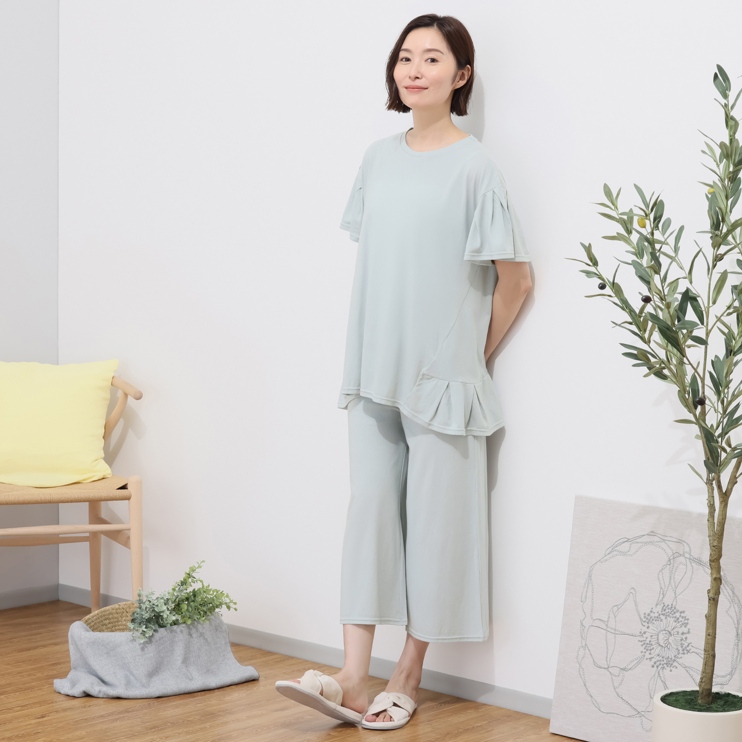 ジュエル 抗菌防臭・綿１００％ フレアプルオーバー＆ 八分丈ボトム ルームウェア上下セット