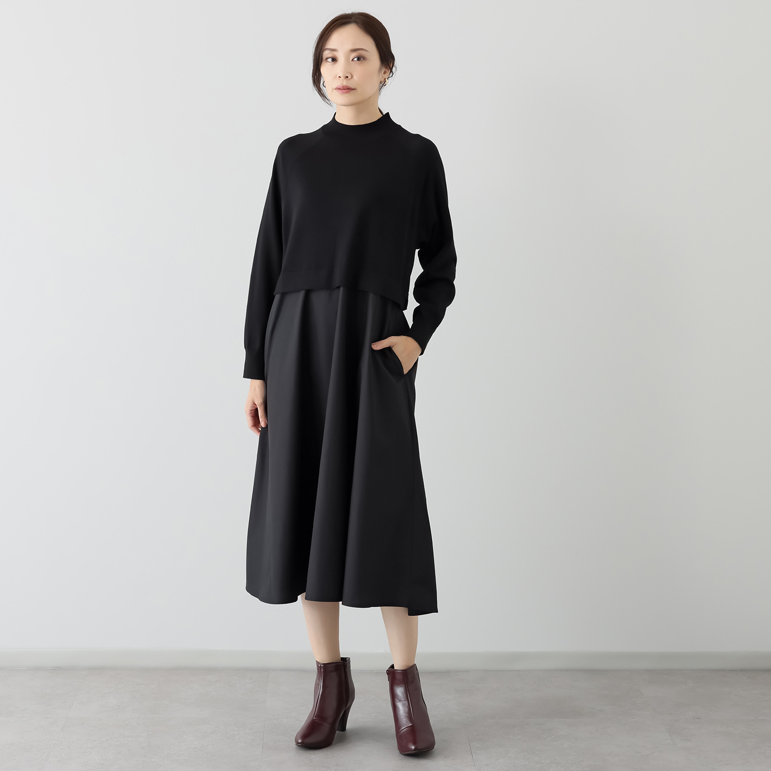 元町ゼラール なめらか＆艶やか素材 袖がかわいい レイヤードデザイン ニットワンピース