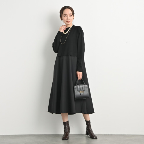 元町ゼラール　なめらか＆艶やか素材　袖がかわいい　レイヤードデザイン　ニットワンピース