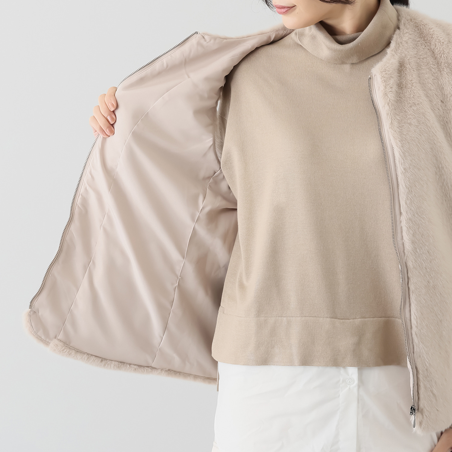 元町ゼラール 着回し抜群で大活躍！ フェイクファーベスト付 はっ水＆軽量ストレッチ ダブルフロントコート