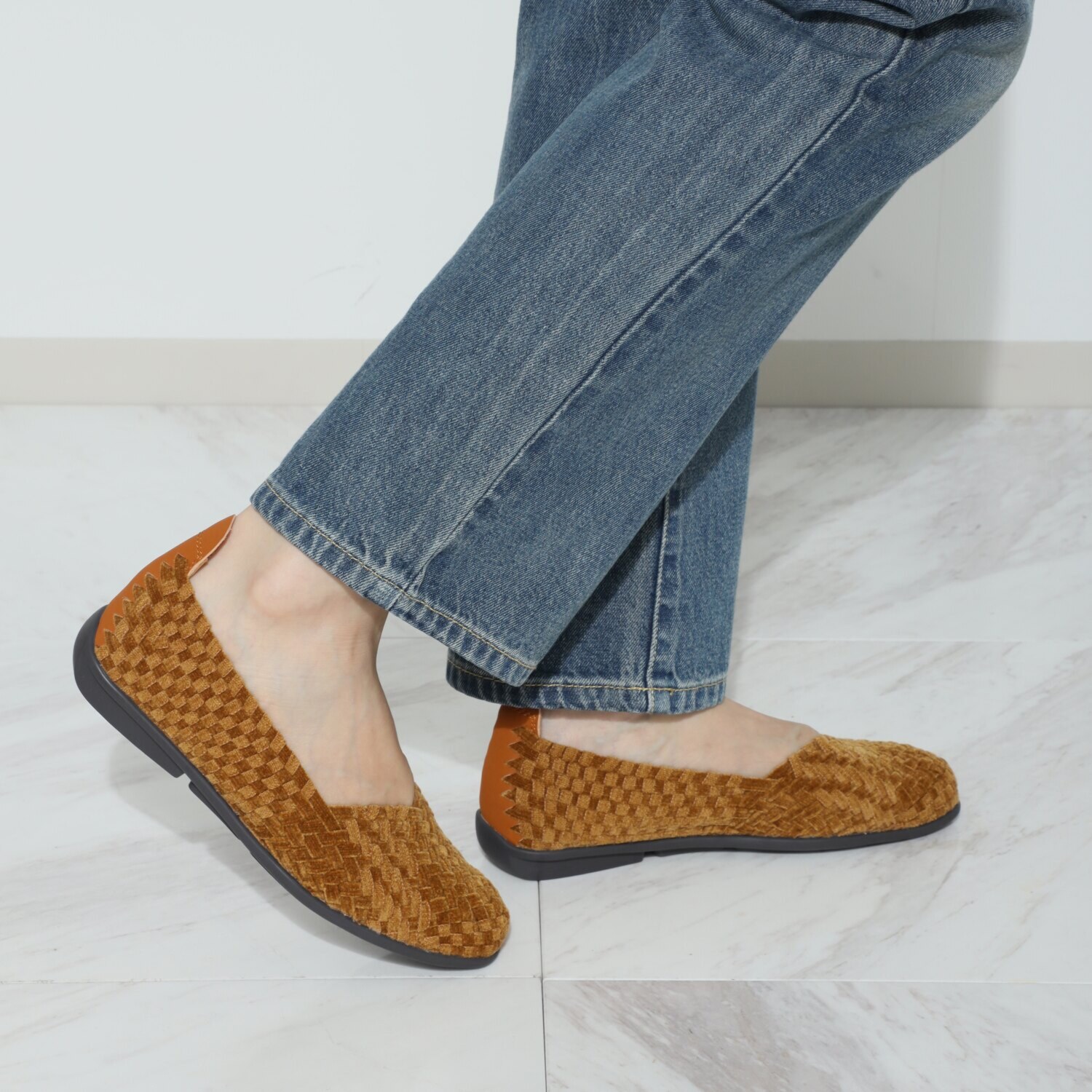 ゴムゴム ツイード調 柔らかゴムメッシュ スクエアトゥ 洗えるフラットシューズ