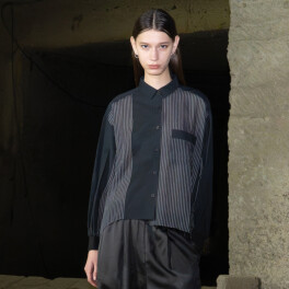 ヨウゾウカタブキ シアー×ストライプ リブアクセント 異素材コンビシャツ