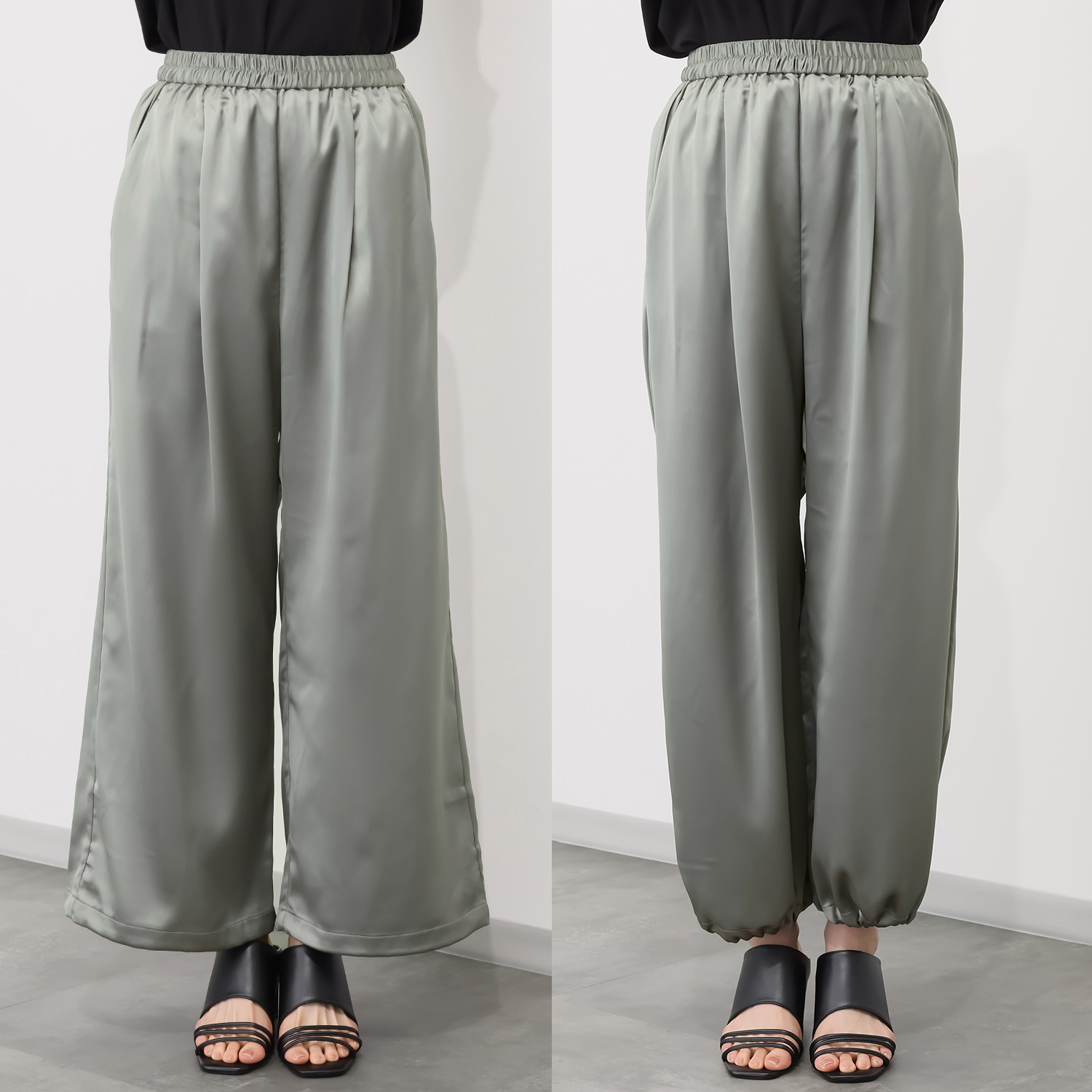 ヨウゾウカタブキ レザー調サテン 裾ドロストパンツ