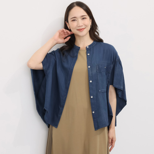 スタイル・ラヴィー 綿100% デニム調ボイル スリーブアクセント ブラウス スタイル・ラヴィー 綿100% デニム調ボイル スリーブアクセント ブラウス