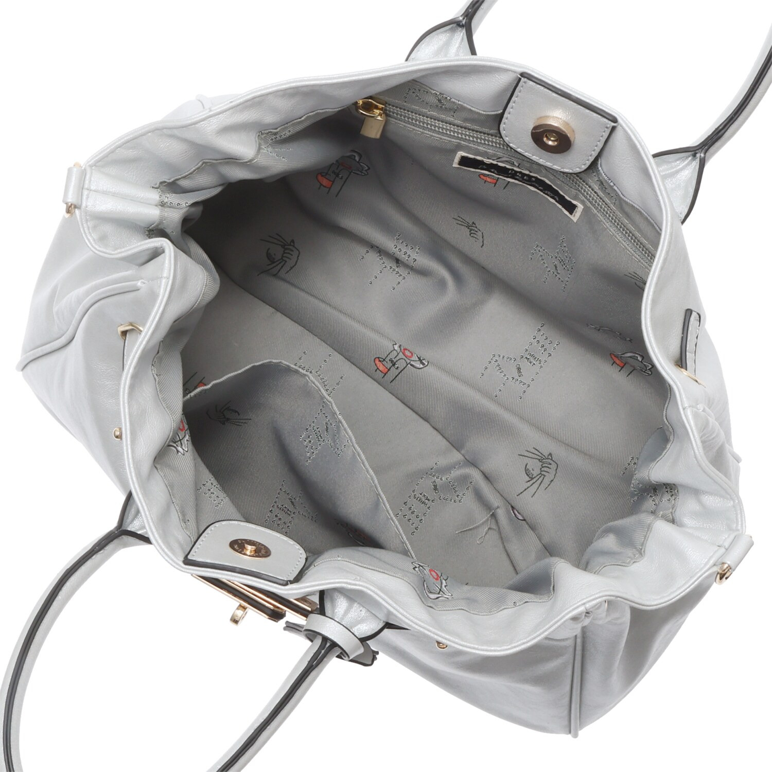 ドレス オリジナルの 裏地プリントがキュート！ バックルベルトアクセント シャイニー ２ウェイトートバッグ