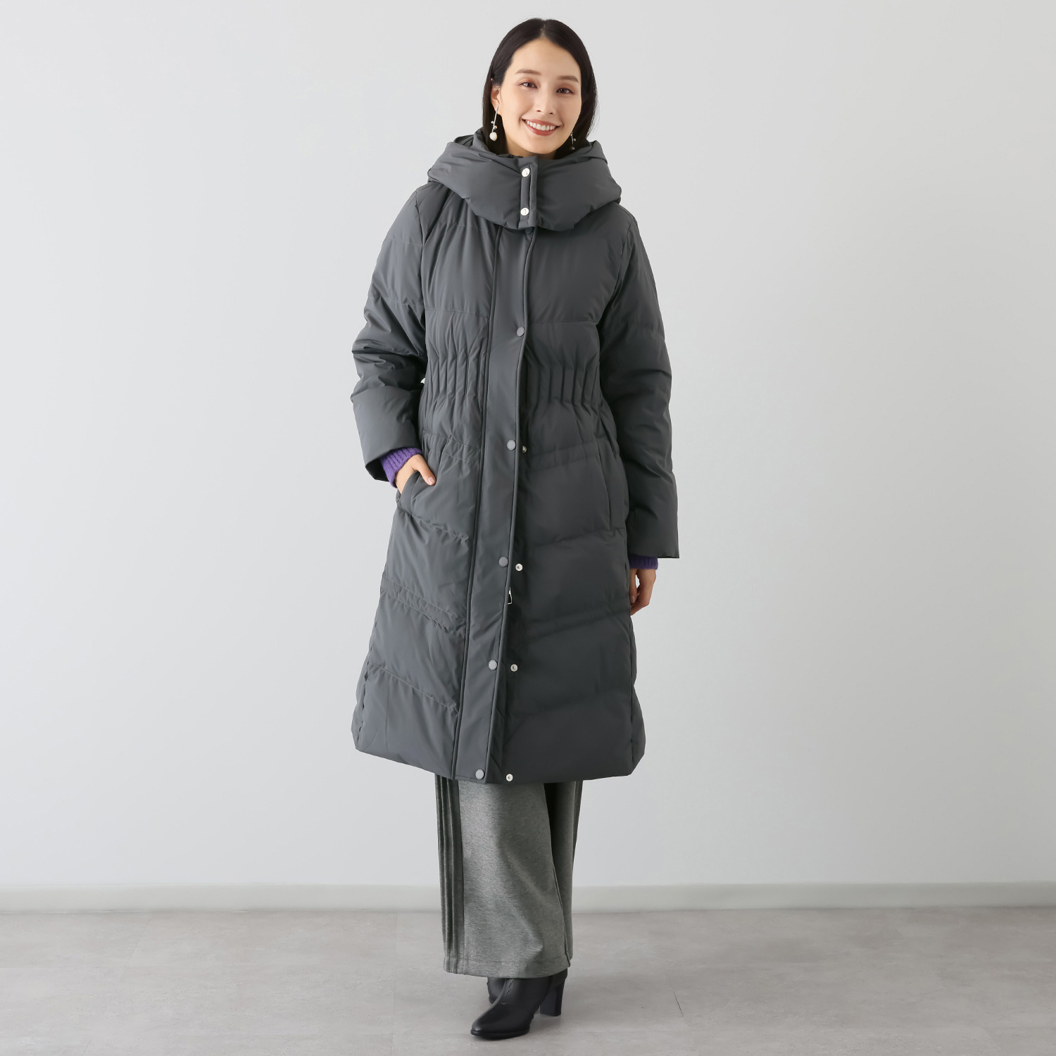 スタイルフライ はっ水 ウエストステッチで細見え Ａライン ロングダウンコート