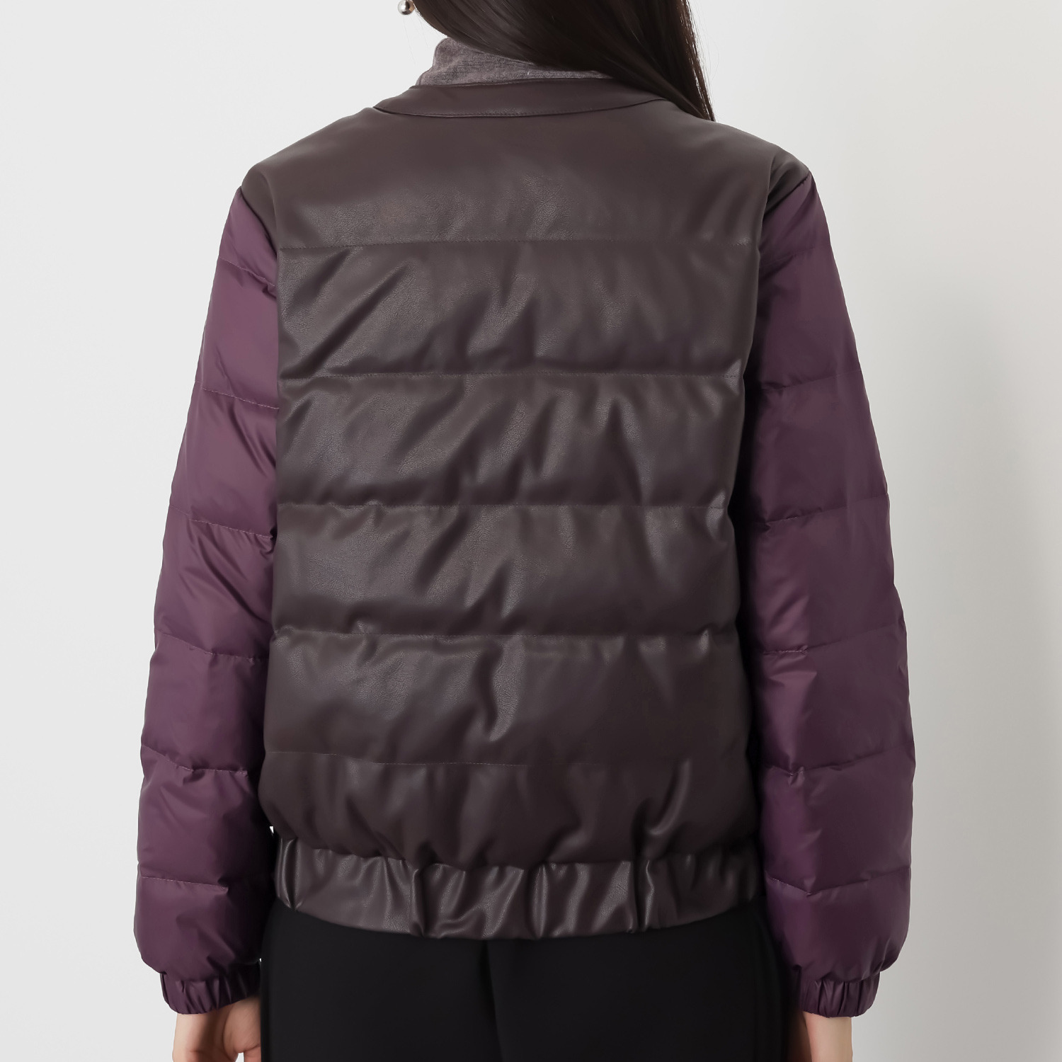 スタイルフライ 袖タフタ切替 レザー調ノーカラー ダウンジャケット