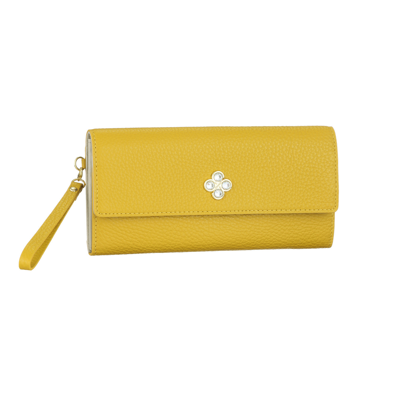 マリ・クレール イタリアンレザー 見やすくて使いやすい！ ガラスビジュウクローバー アクセント ギャルソン長財布