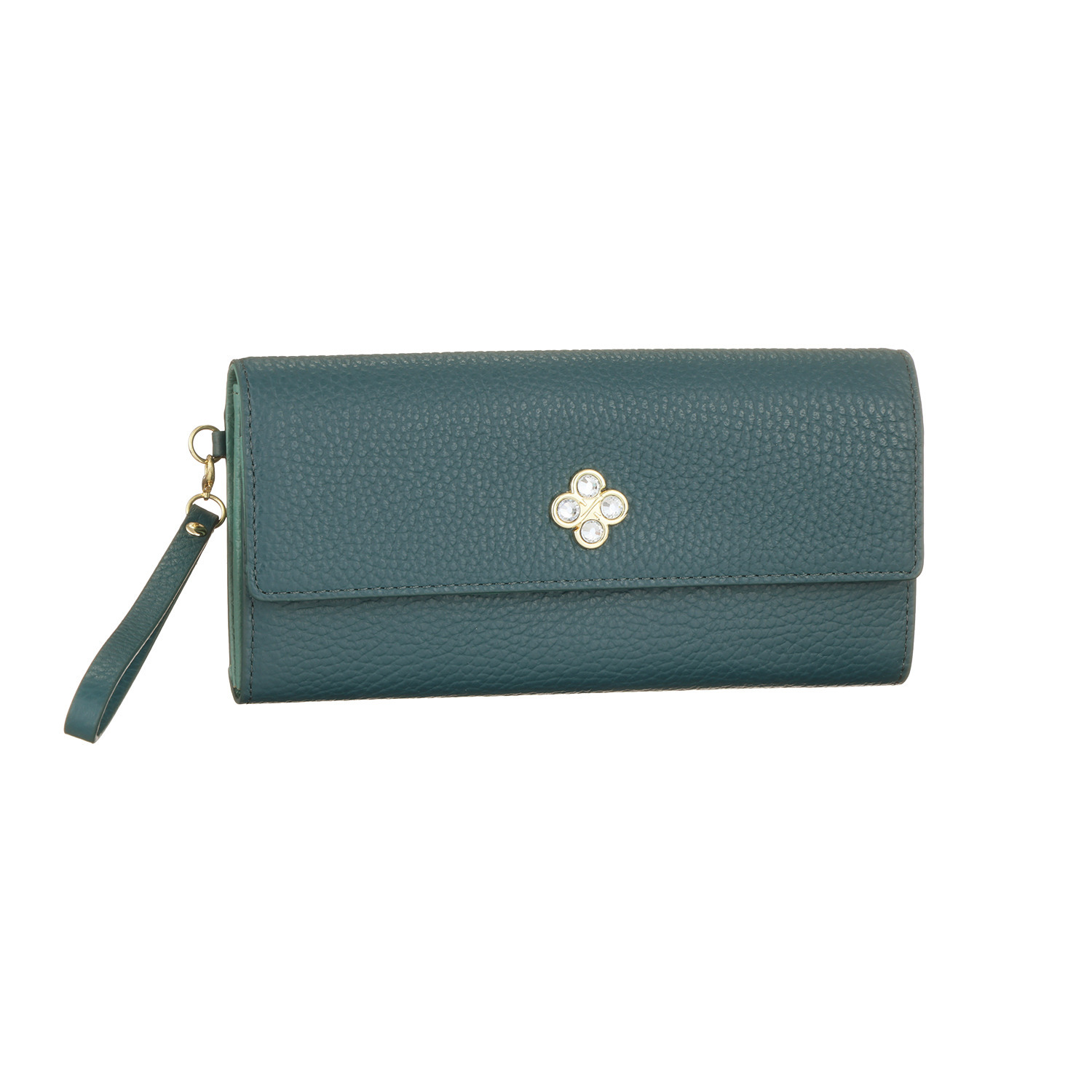 マリ・クレール イタリアンレザー 見やすくて使いやすい！ ガラスビジュウクローバー アクセント ギャルソン長財布