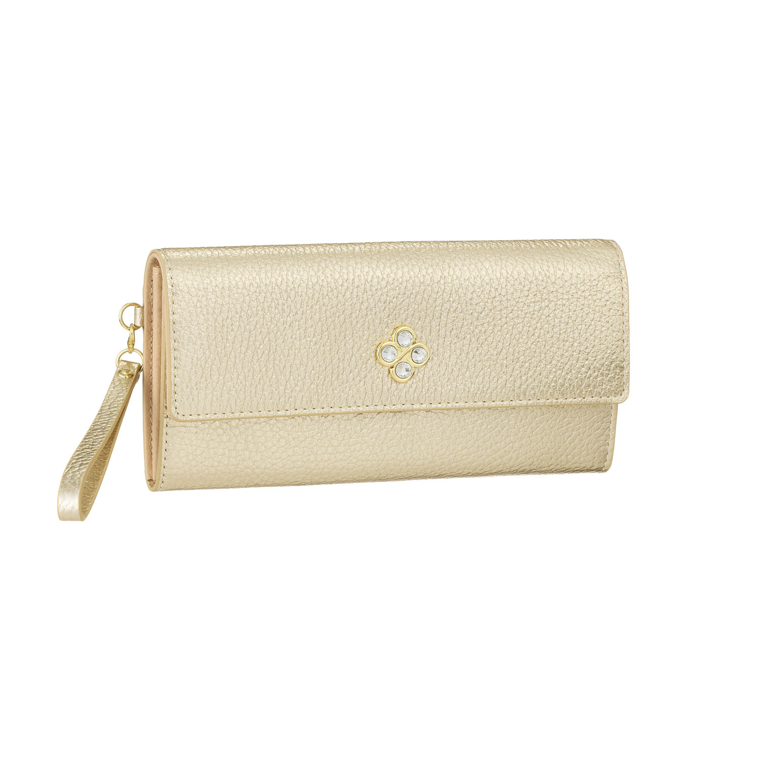 マリ・クレール イタリアンレザー 見やすくて使いやすい！ ガラスビジュウクローバー アクセント ギャルソン長財布