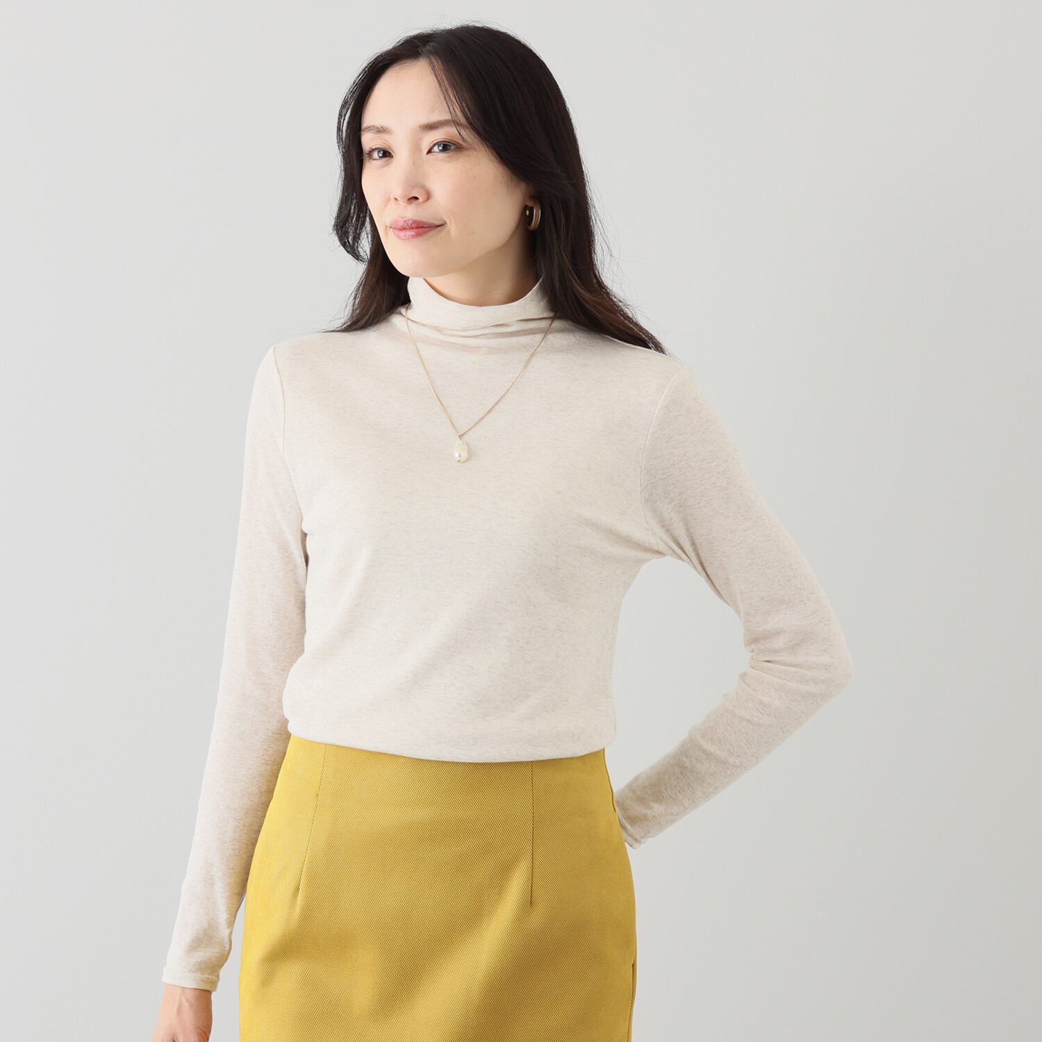 天使の綿シフォン トップ杢 モックネック 一重長袖プルオーバー