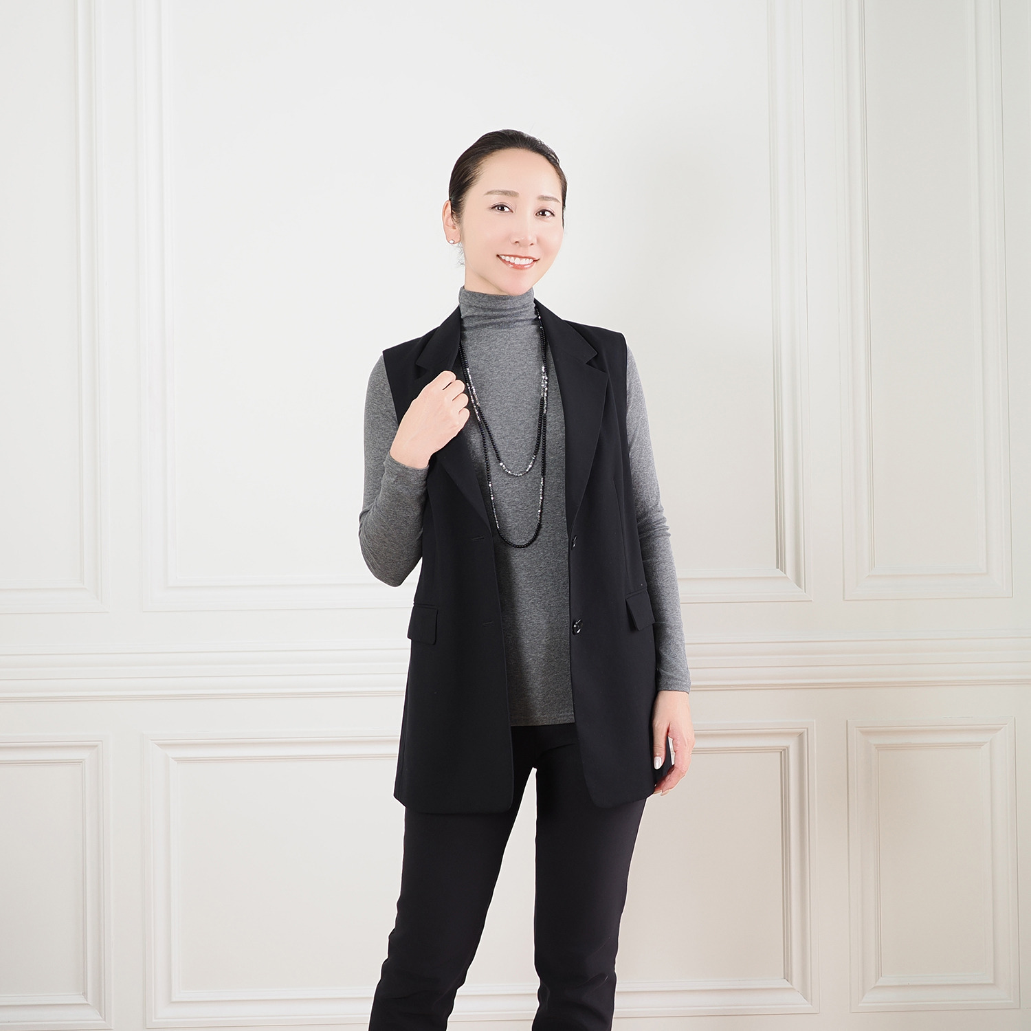 天使の綿シフォン トップ杢 モックネック 一重長袖プルオーバー