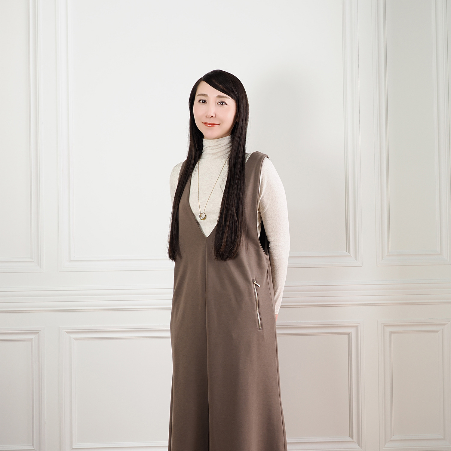 天使の綿シフォン トップ杢 モックネック 一重長袖プルオーバー