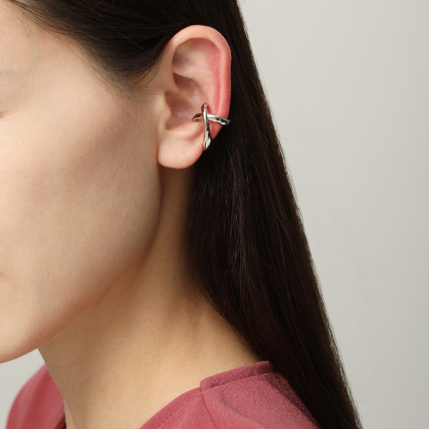 ステングレイス サージカルステンレス カーブライン＆ アシンメトリークロス リバーシブル イヤーカフ ＜片側のみ＞