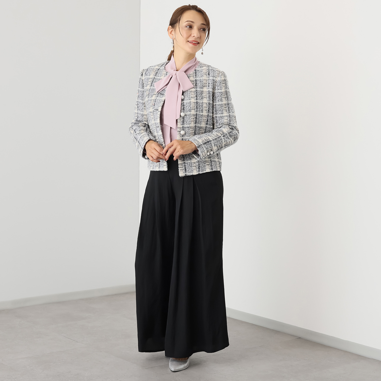 ゴドー 美しいミックスツイード ノーカラージャケット