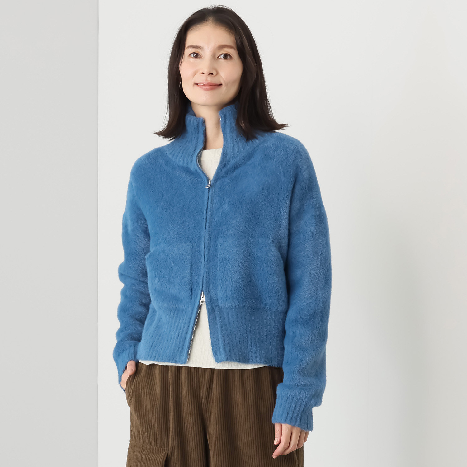 シャビージェンティール シャギー素材 クロップト丈 上下スライダーファスナー ハイネックブルゾン