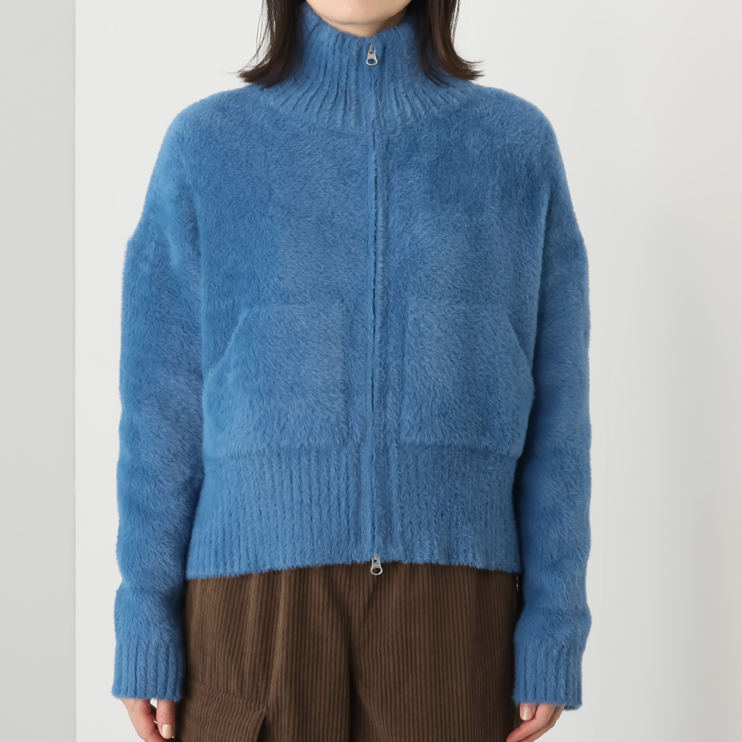 シャビージェンティール シャギー素材 クロップト丈 上下スライダーファスナー ハイネックブルゾン