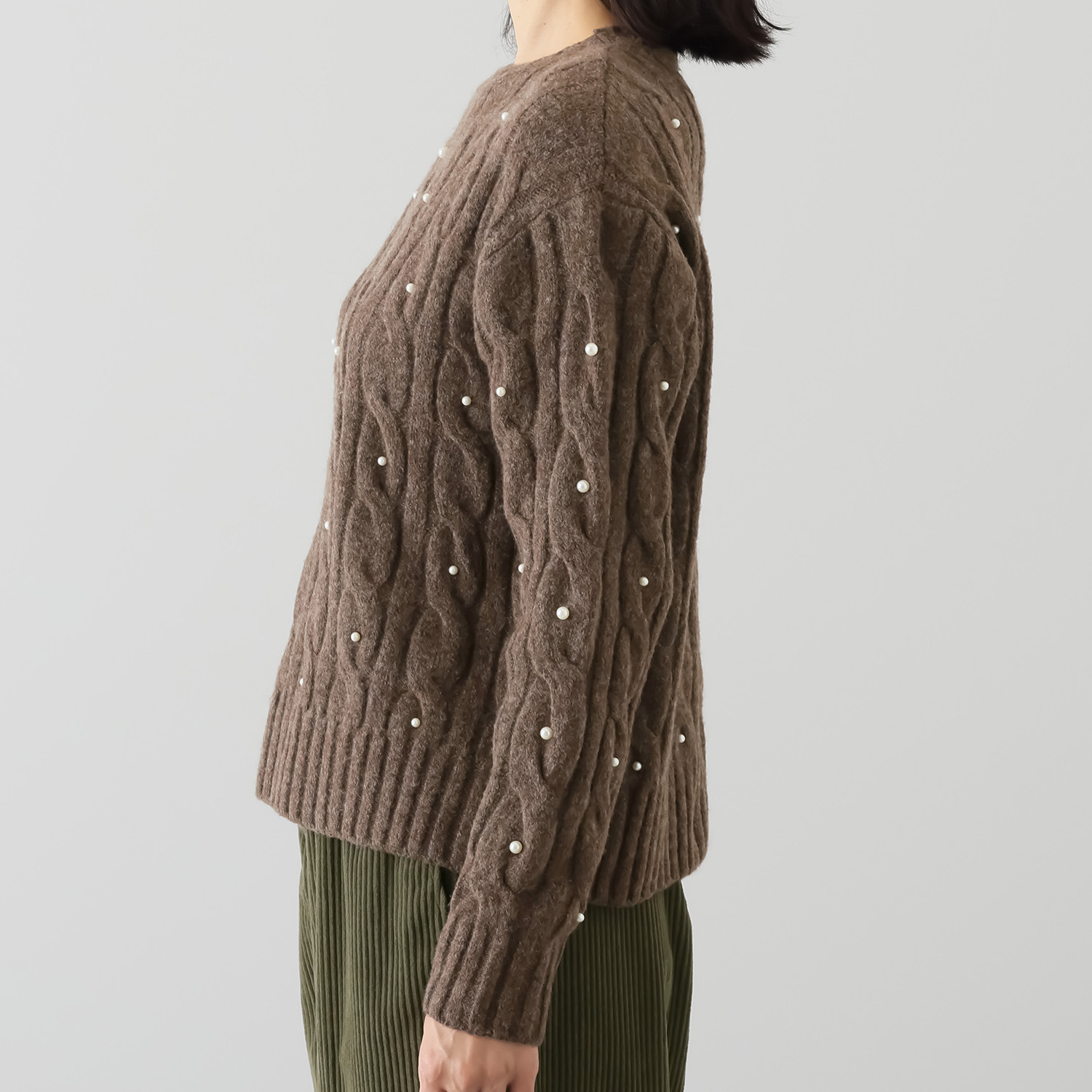 シャビージェンティール ケーブル柄 パール調ビーズ付 ニットプルオーバー