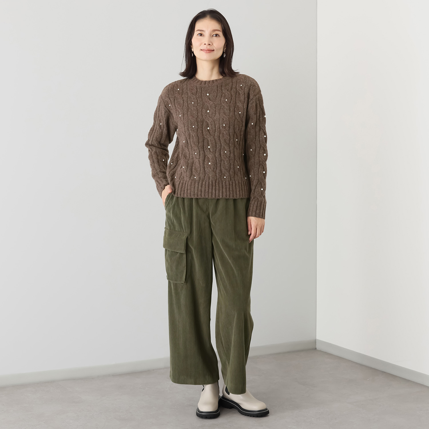 シャビージェンティール ケーブル柄 パール調ビーズ付 ニットプルオーバー