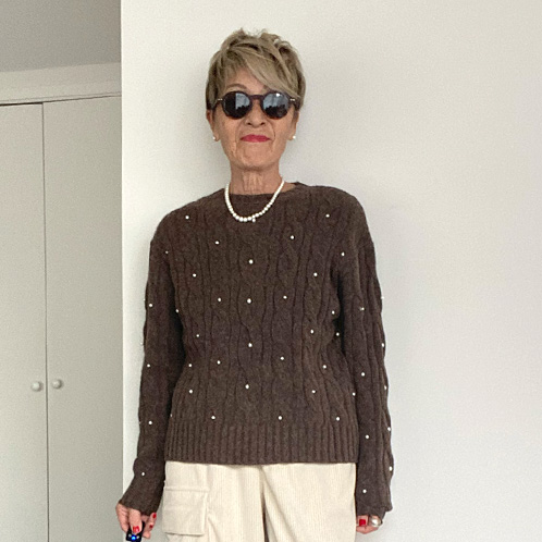 シャビージェンティール ケーブル柄 パール調ビーズ付 ニットプルオーバー シャビージェンティール ケーブル柄 パール調ビーズ付 ニットプルオーバー