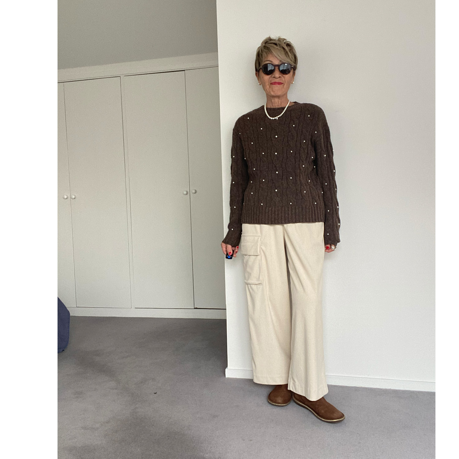 シャビージェンティール ケーブル柄 パール調ビーズ付 ニットプルオーバー