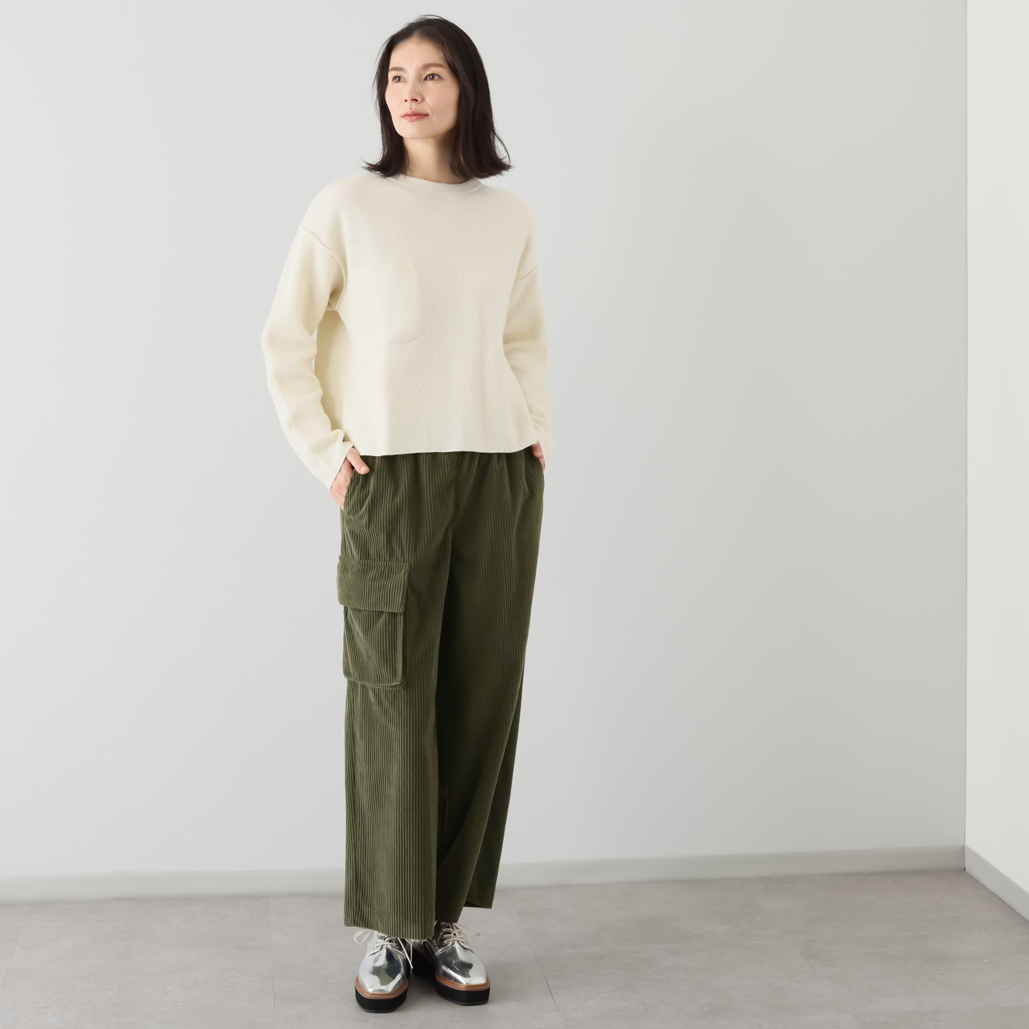 シャビージェンティール ミドルコーデュロイ サイドポケットデザイン プルオンパンツ