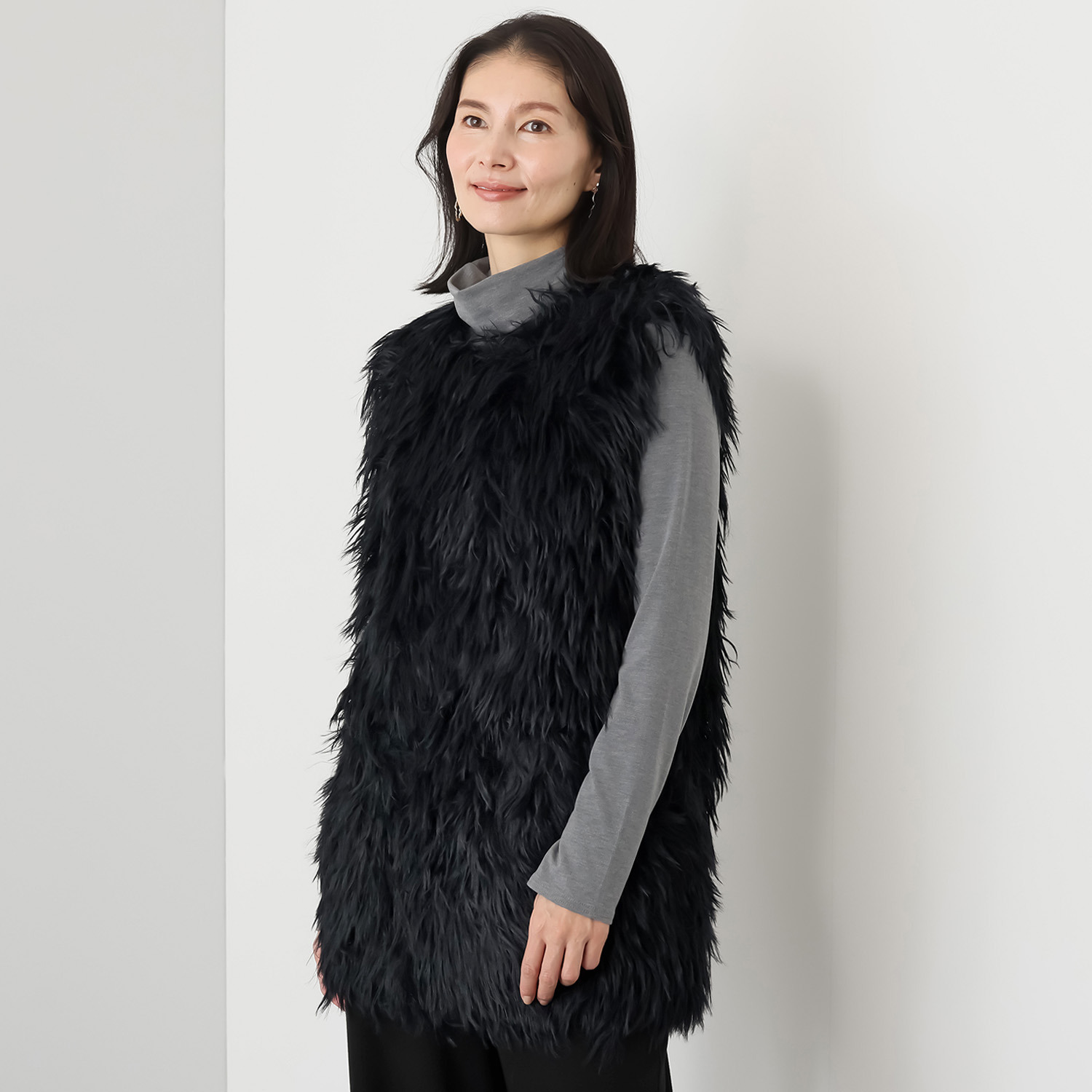 シャビージェンティール シャギーニット ラウンドネック ポケット付 チュニック丈ジレ