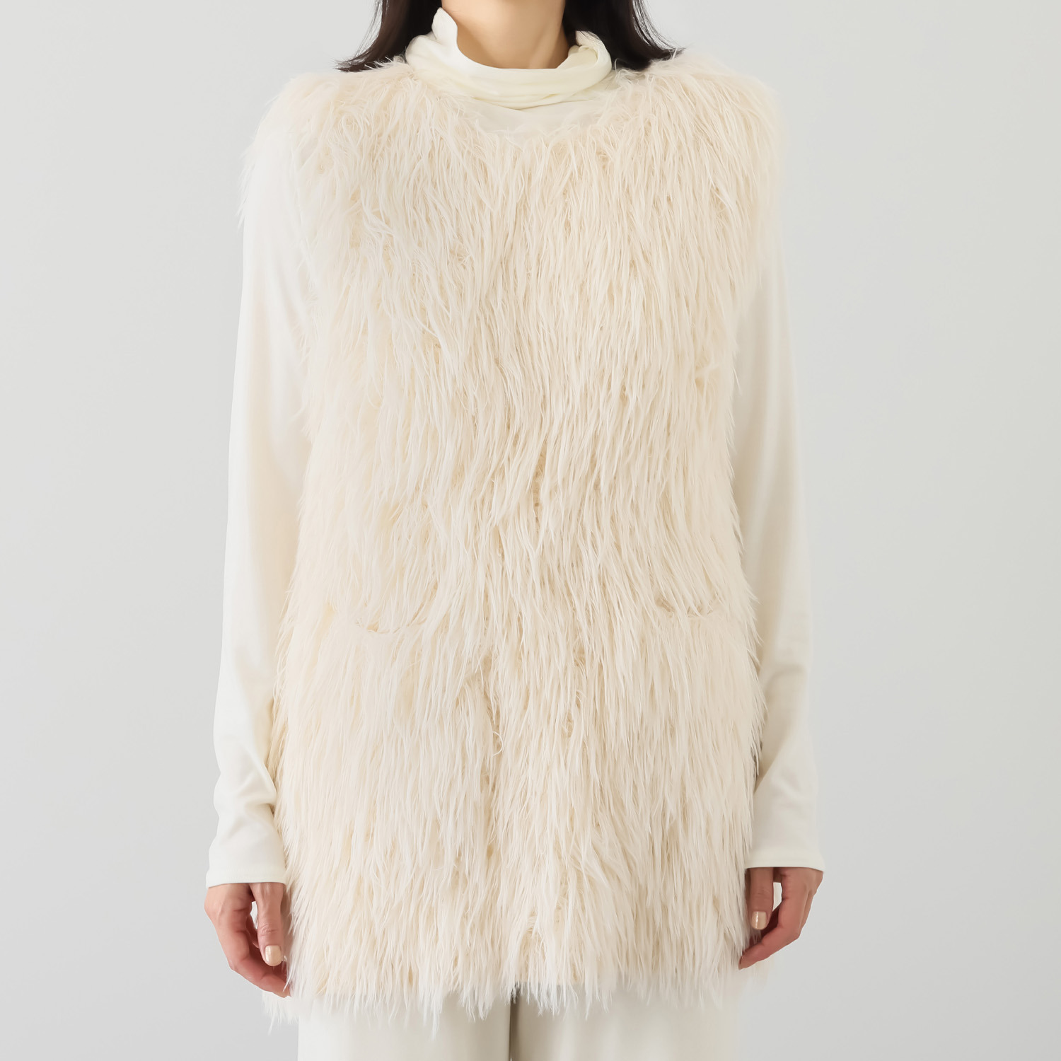 シャビージェンティール シャギーニット ラウンドネック ポケット付 チュニック丈ジレ