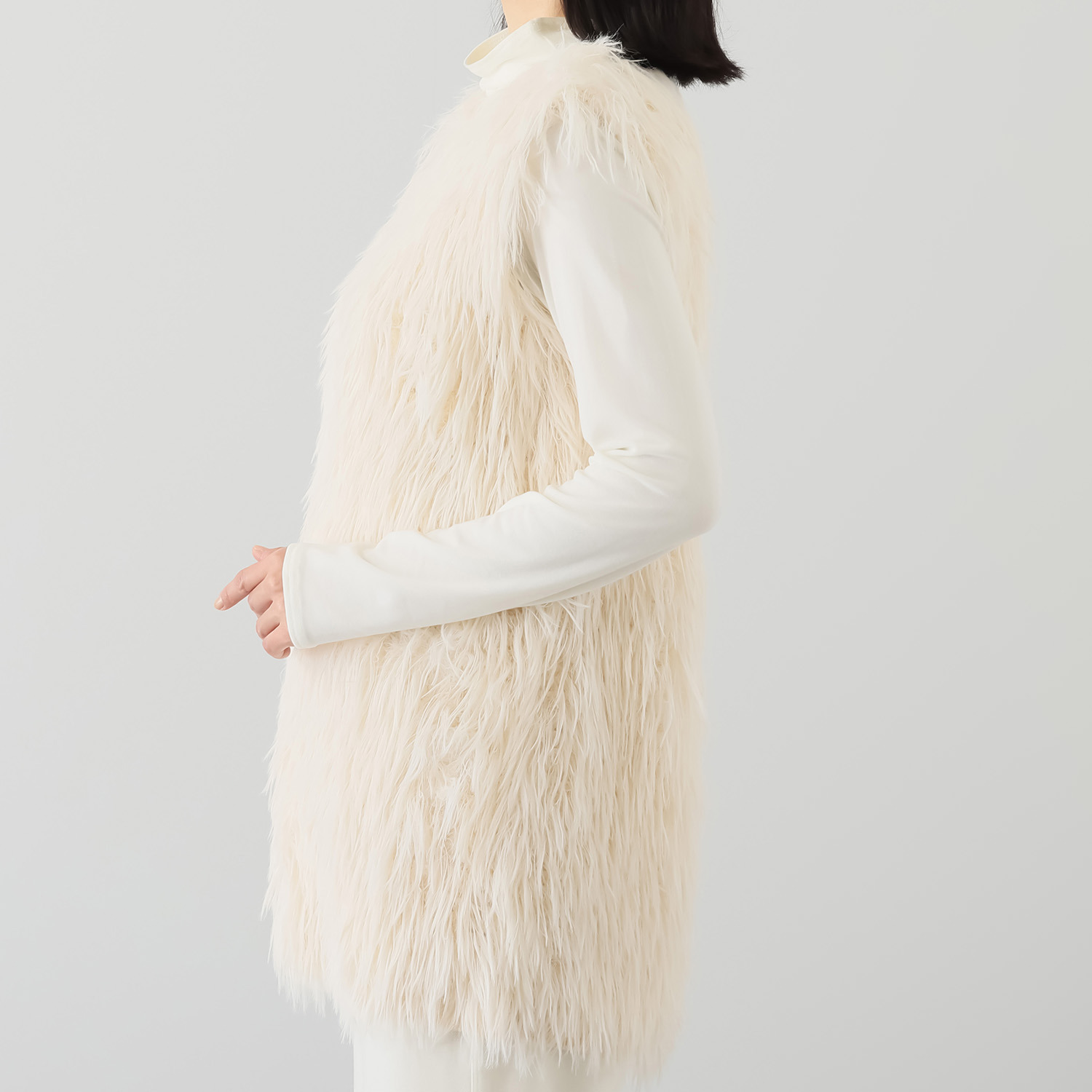 シャビージェンティール シャギーニット ラウンドネック ポケット付 チュニック丈ジレ