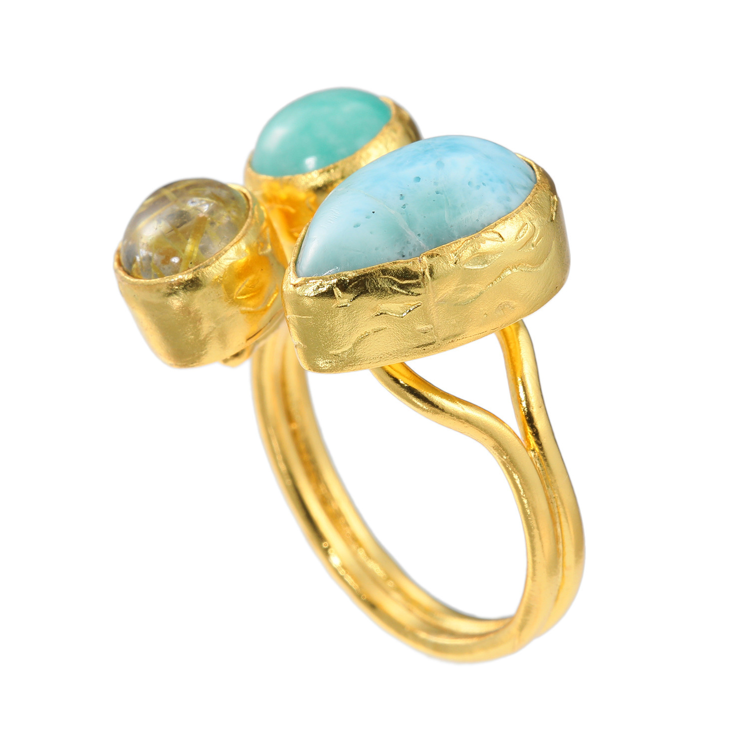 ミモッザジュエリー ラリマール＆ ルチルクォーツ＆ アマゾナイト トリプルストーン フレキシブルリング