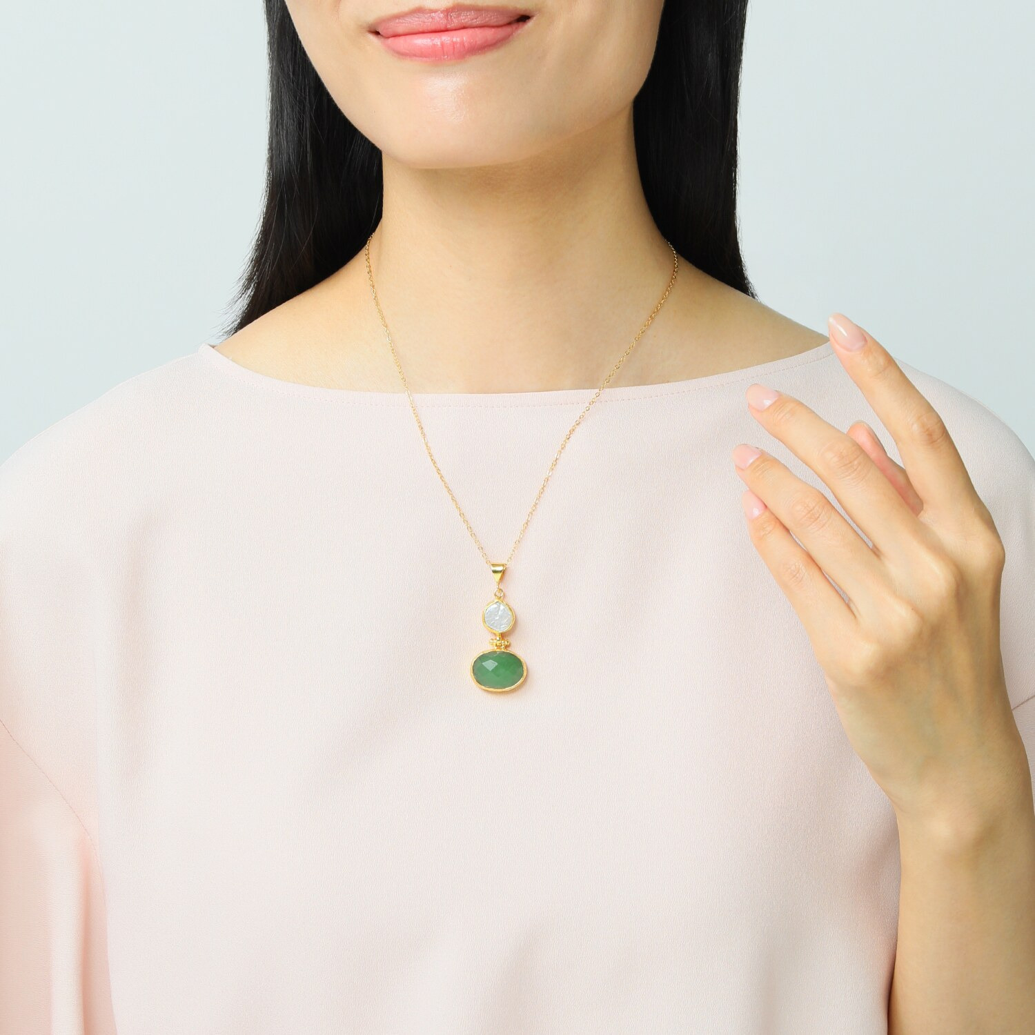 ミモッザジュエリー 淡水パール＆ アベンチュリンクォーツ デザインペンダント