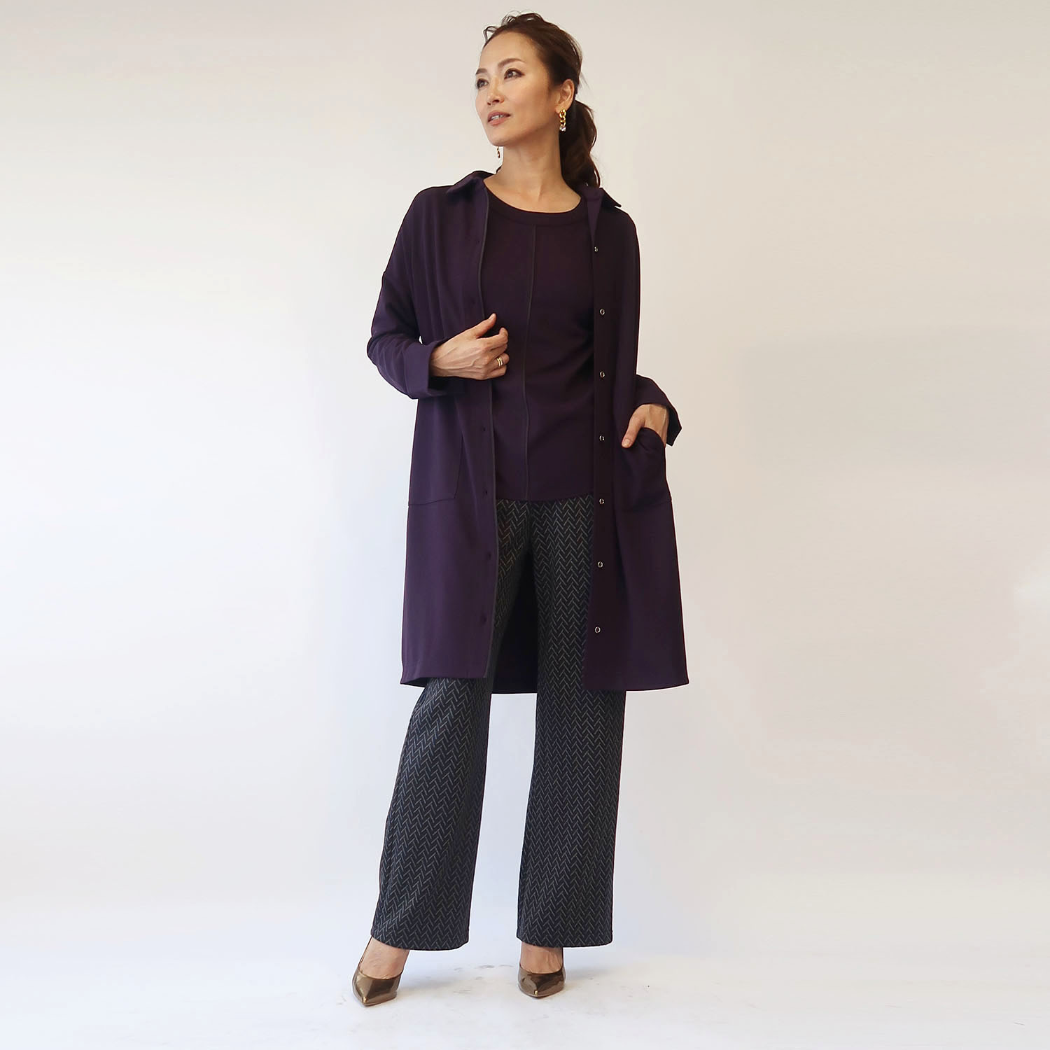 フーア ボタンアクセント グログラントリミング シャツコート