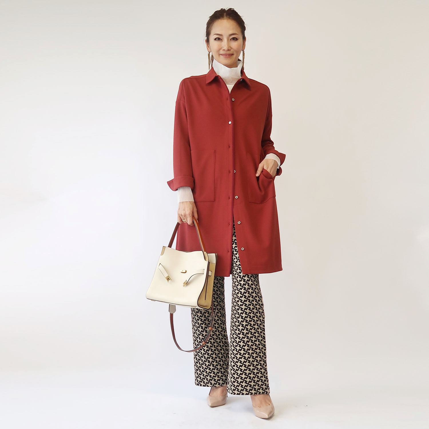 フーア ボタンアクセント グログラントリミング シャツコート