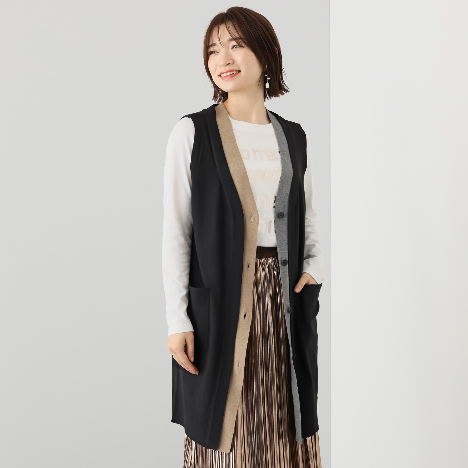 フーア 配色アクセント ニットロングジレ