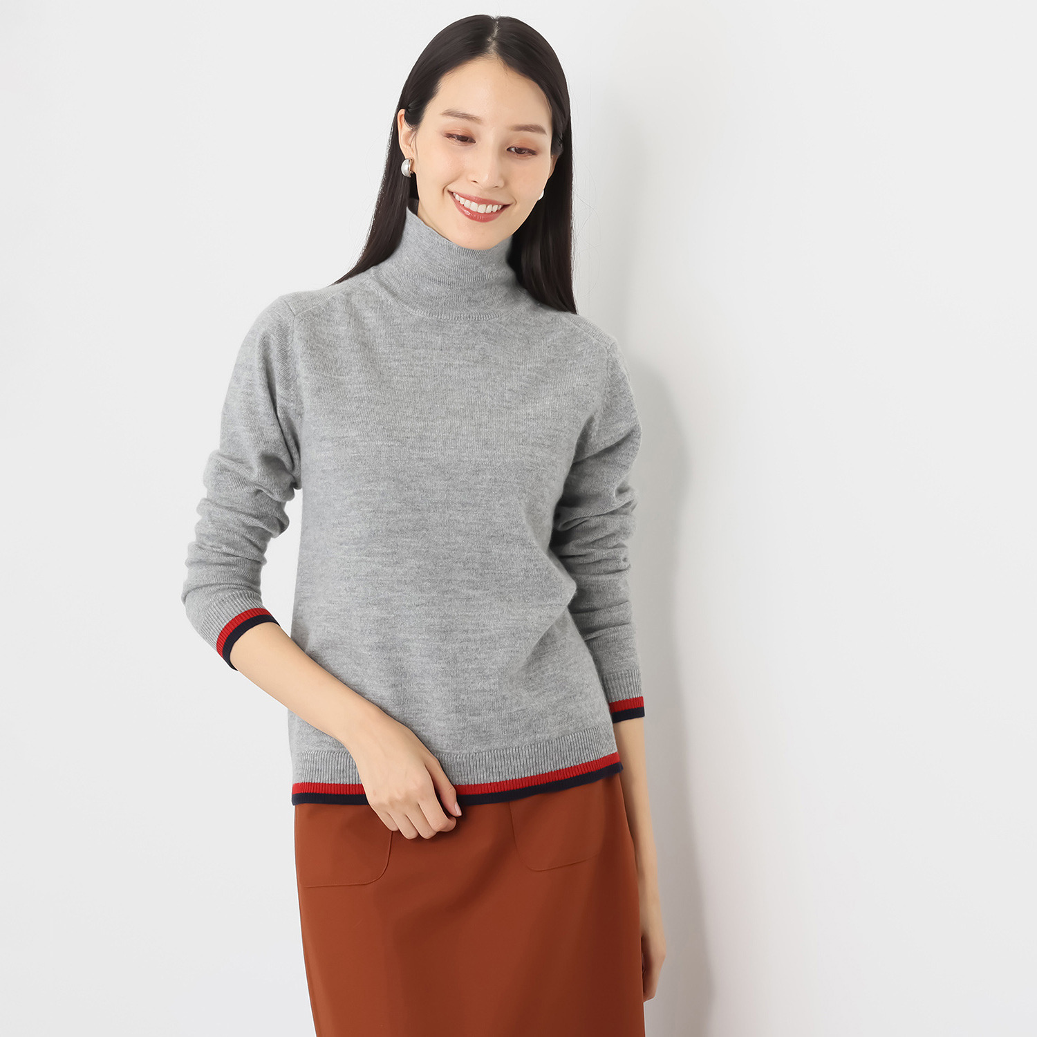 モカサン　ジュンコシマダ ウールカシミヤブレンド 配色 ハイネックプルオーバー