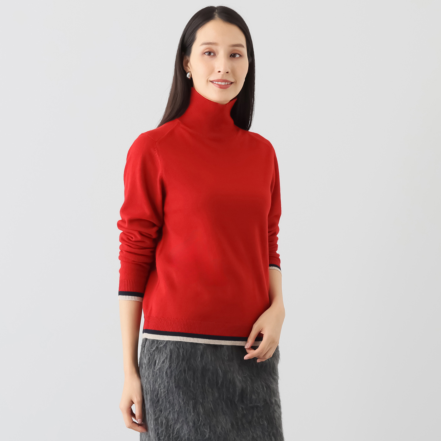 モカサン　ジュンコシマダ ウールカシミヤブレンド 配色 ハイネックプルオーバー