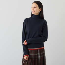 モカサン　ジュンコシマダ ウールカシミヤブレンド 配色 ハイネックプルオーバー