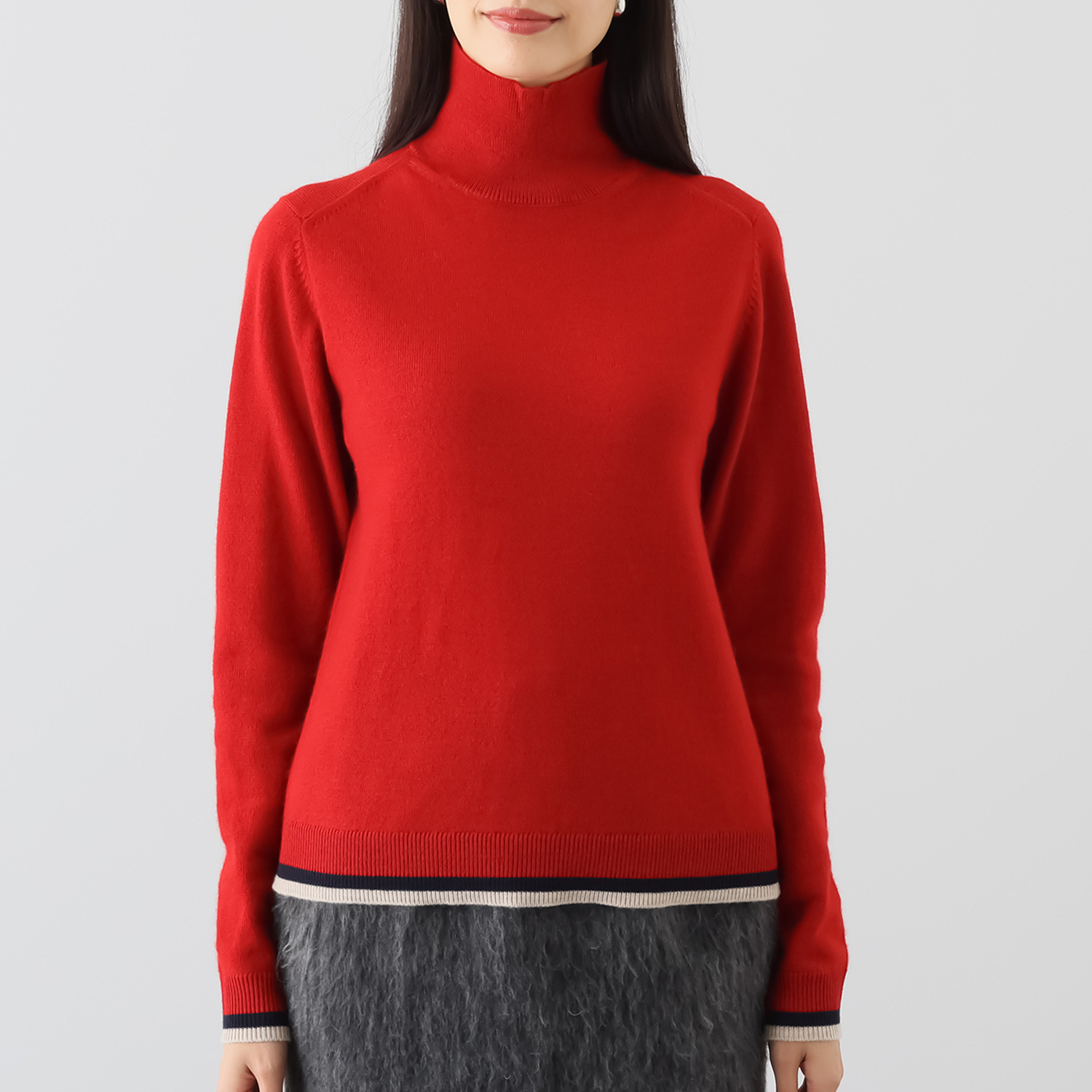 モカサン　ジュンコシマダ ウールカシミヤブレンド 配色 ハイネックプルオーバー