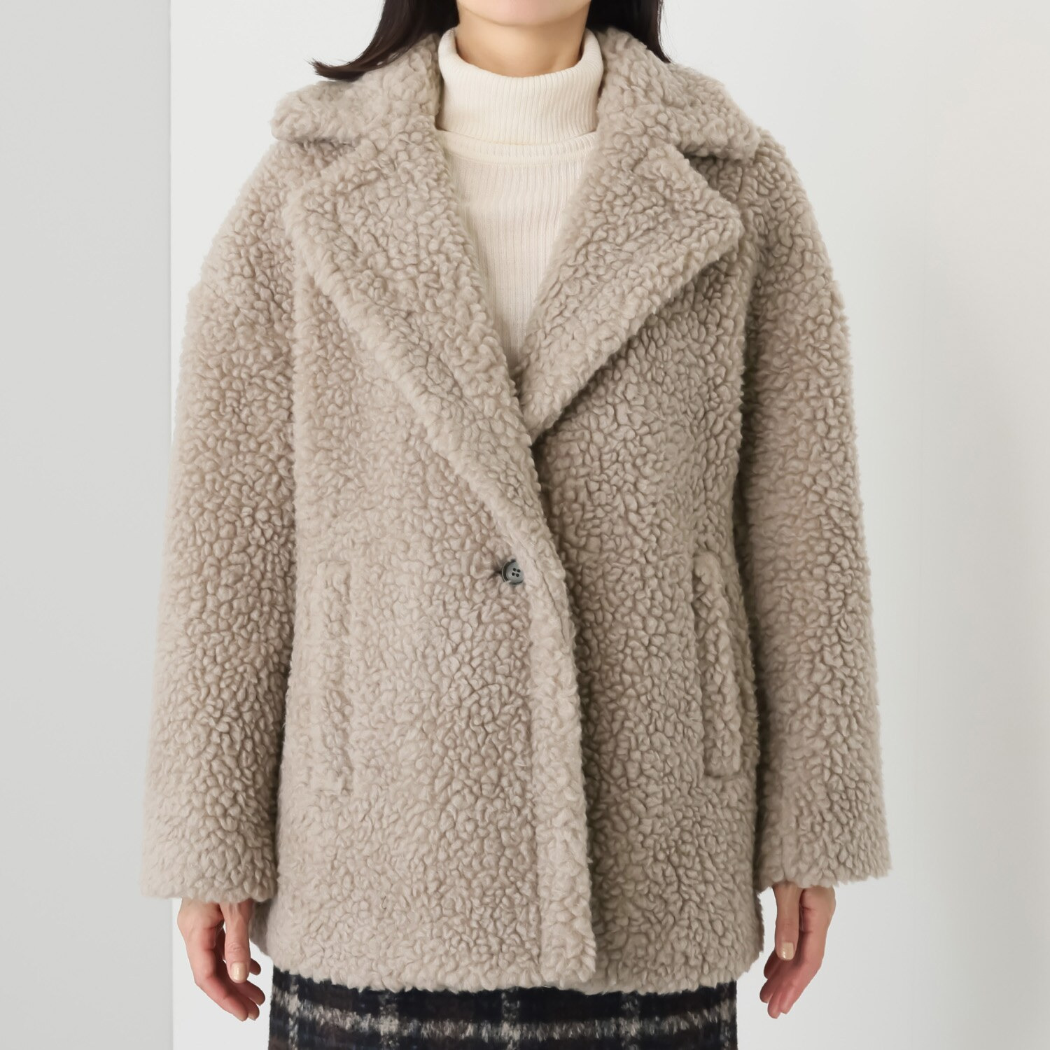 メリオン 軽くて暖かい ウール混ボア ミドル丈コート