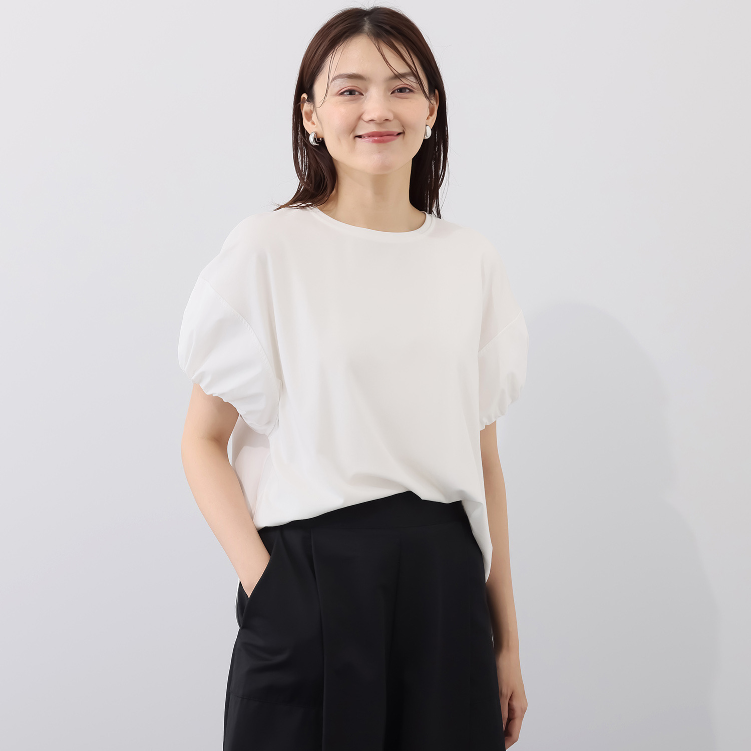 コモエリークローゼット 異素材コンビネーション バルーンスリーブブラウス