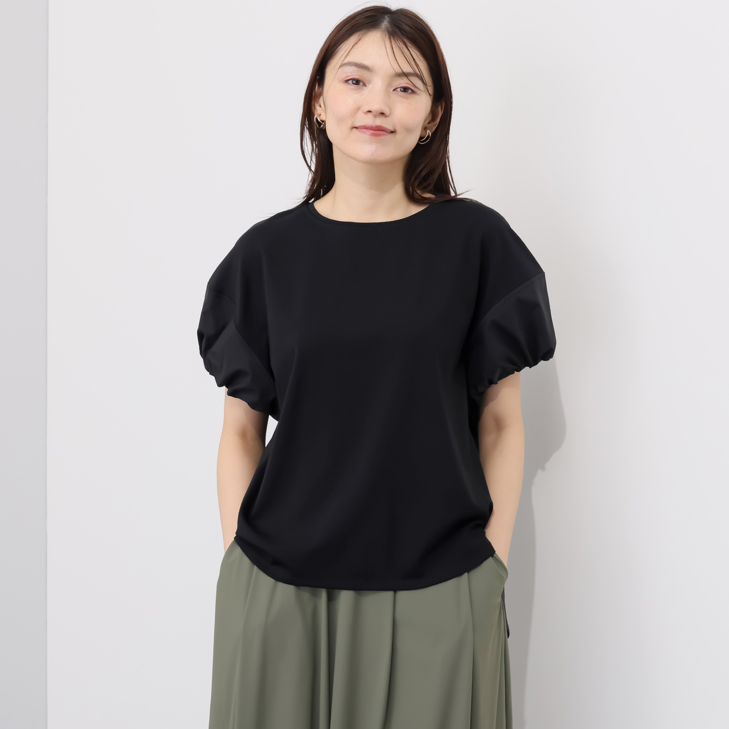 コモエリークローゼット 異素材コンビネーション バルーンスリーブブラウス