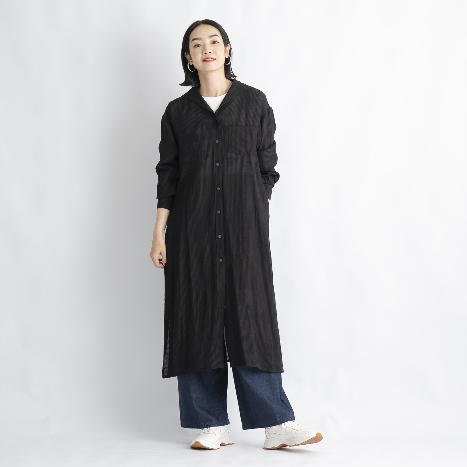 オン　ザ　エッジ セミシアーなストライプ 楊柳素材が肌に心地良い セーラーカラー 長袖ロングチュニック